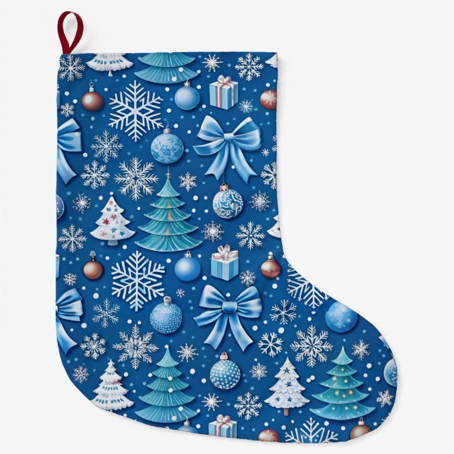 Grande Chaussette De Noël Motif de papier d'enveloppement de Noël bleu serei (Devant)