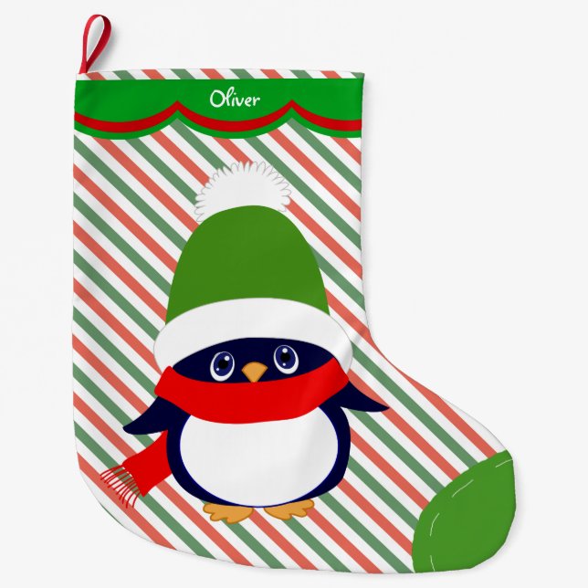 Grande Chaussette De Noël Motif de pingouin d'hiver mignon personnalisé (Devant)