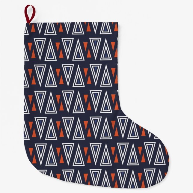Grande Chaussette De Noël Motif de triangles géométriques bleu foncé et roug (Devant)
