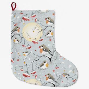 Grande Chaussette De Noël Motif des oiseaux d'hiver