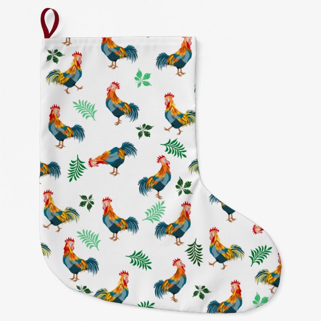Grande Chaussette De Noël Motif d'oiseaux coq (Devant)