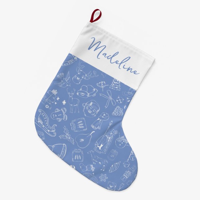 Grande Chaussette De Noël Motif Doodle de vacances joli main tiré (Devant (Accrochage))