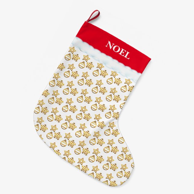 Grande Chaussette De Noël Motif d'or de Noël en blanc et rouge (Devant (Accrochage))