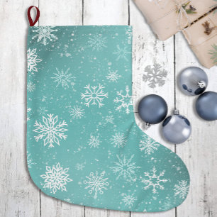 Grande Chaussette De Noël Motif Flocons de Neige Bleu Turquoise Doux Gel Hiv