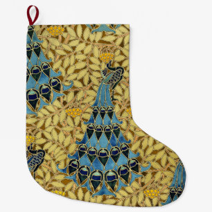 Grande Chaussette De Noël Motif floral au paon bleu Art nouveau vintage