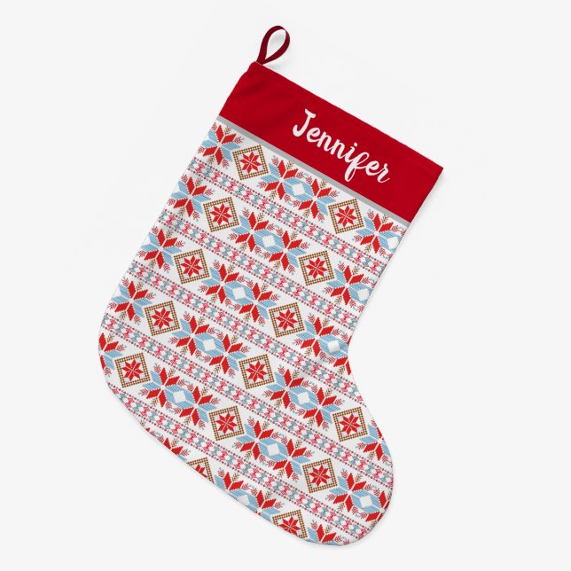 Grande Chaussette De Noël Motif moderne bleu rouge nordique (Devant (Accrochage))