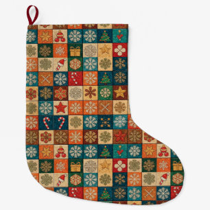 Grande Chaussette De Noël Motif mosaïque de Noël festif avec flocons de neig