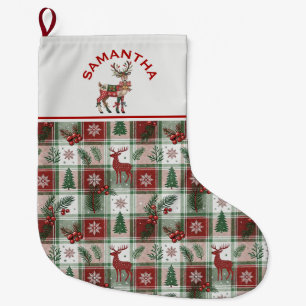 Grande Chaussette De Noël Motif vintage de Noël avec rennes et houx à carrea