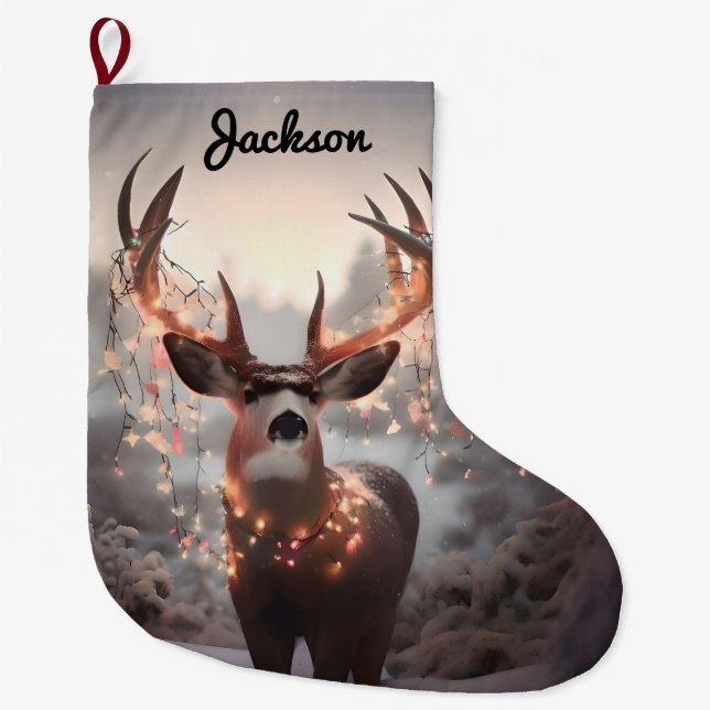 Grande Chaussette De Noël Mule Deer et les lumières de Noël (Devant)