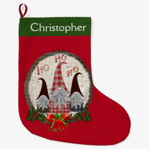 Grande Chaussette De Noël Nain personnalisé rouge vert houx clochettes Migno