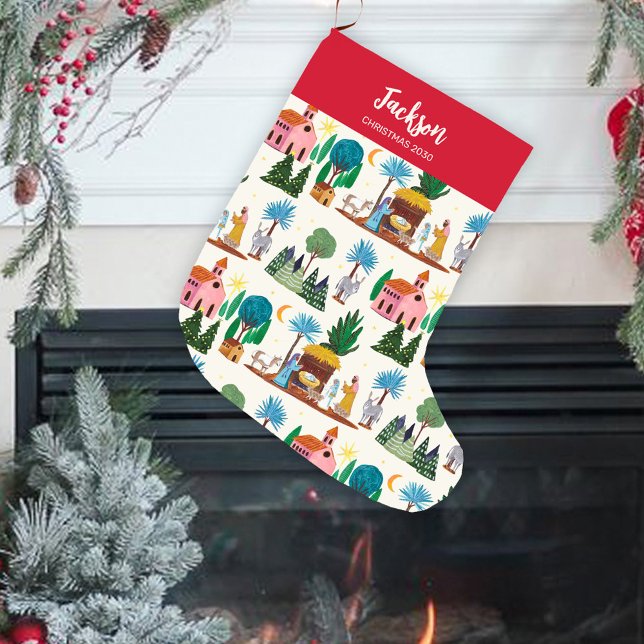 Grande Chaussette De Noël Nativity Scene Ecru Hand drawn Christmas (Nativity Scene Ecru Hand drawn Christmas Large Christmas Stocking)