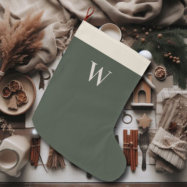 Grande Chaussette De Noël Neutral Christmas Farmhouse Moss Green Monogramme (farmhouse christmas stocking personalized moss green monogram)
