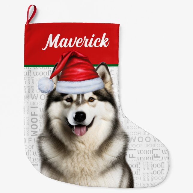 Grande Chaussette De Noël Noël Alaskan Nom du malamute Woof Arrière - plan (Devant)