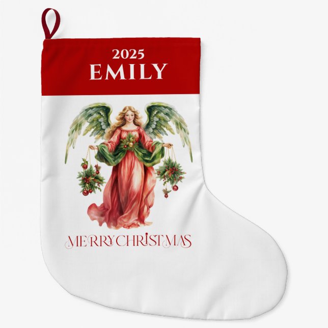 Grande Chaussette De Noël Noël Angel Fancy Joyeux Noël Typographie (Devant)