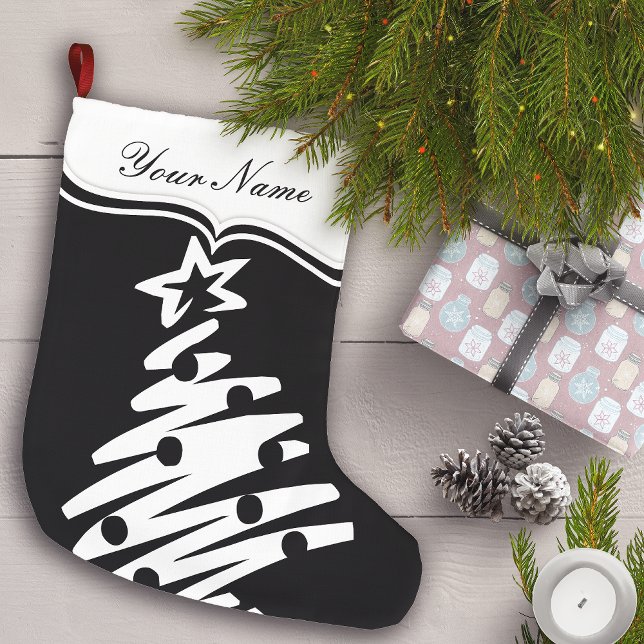 Grande Chaussette De Noël Noël Arbre Noir Blanc Moderne (Créateur téléchargé)