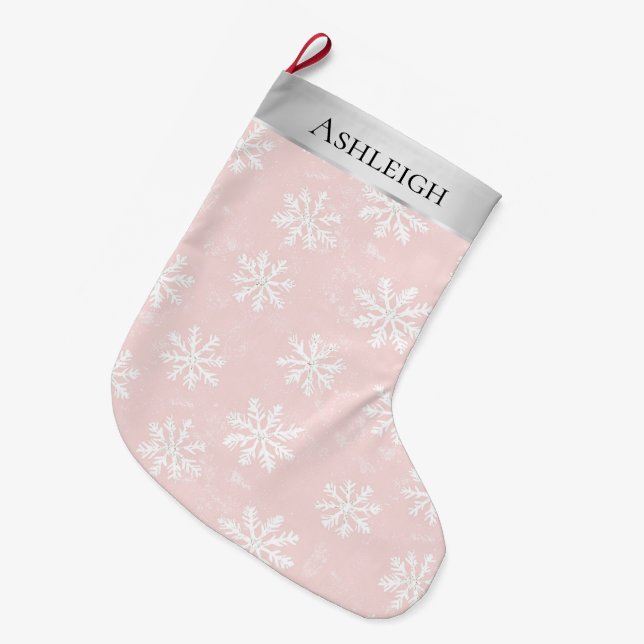 Grande Chaussette De Noël Noël aux flocons blancs rose argent (Devant (Accrochage))