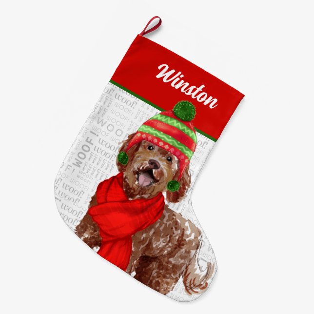 Grande Chaussette De Noël Noël Brown Labradoodle avec le nom du chien (Devant (Accrochage))