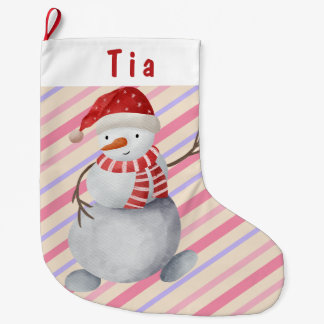 Grande Chaussette De Noël Noël charmant Snowman rose et violet rayé