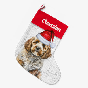 Grande Chaussette De Noël Noël Cockapo Père Noël avec le nom du chien