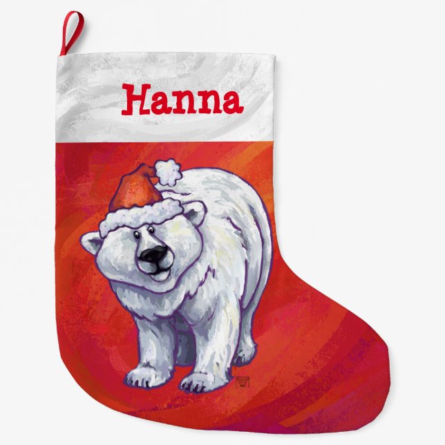 Grande Chaussette De Noël Noël de l'ours polaire sur le rouge (Devant)