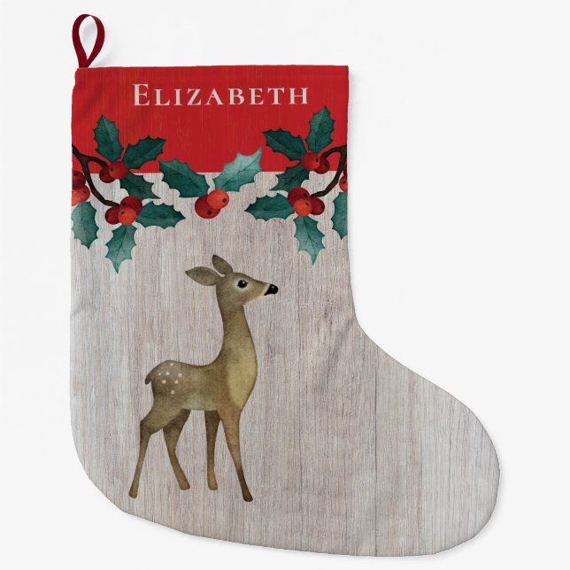 Grande Chaussette De Noël Noël de Monogramme Floral de Cerfs Rustiques (Devant)