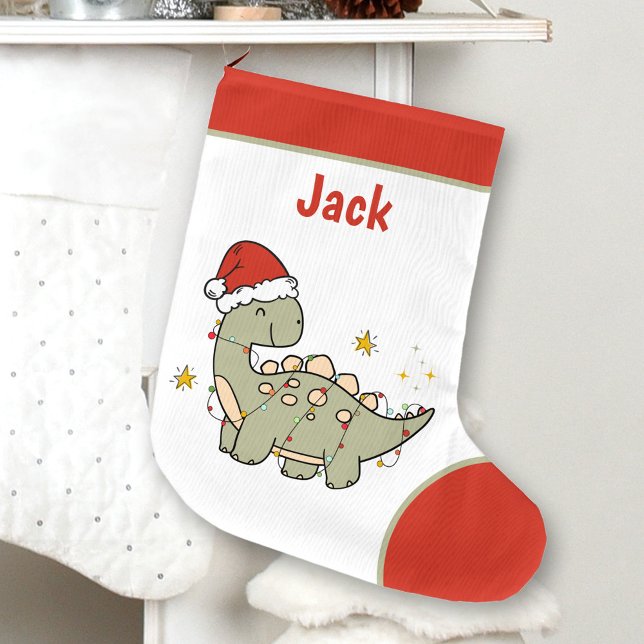 Grande Chaussette De Noël Noël Dinosaur Père Noël Nom du chapeau Enfants (Christmas Dinosaur Santa Hat Name Kids Large Christmas Stocking)