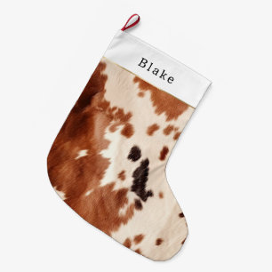 Grande Chaussette De Noël Noël en cuir de vache sud-ouest crème marron