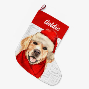 Grande Chaussette De Noël Noël Golden Retriever avec le nom du chien