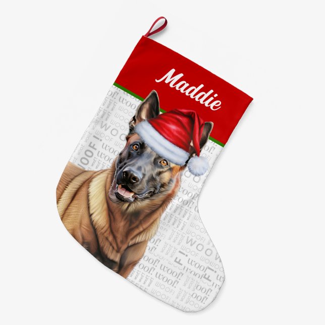 Grande Chaussette De Noël Noël Malinois belge avec le nom du chien (Devant (Accrochage))