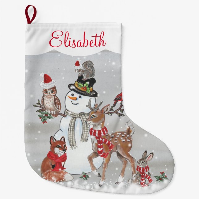 Grande Chaussette De Noël Noël mignon renne Bois Animal Snowman (Devant)