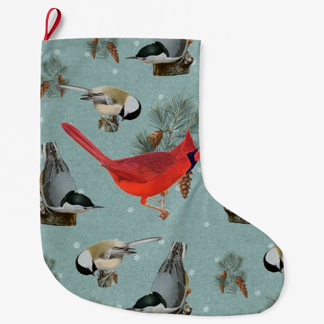 Grande Chaussette De Noël Noël Oiseau Cardinal Nuthatch Chickadee Neige (Devant)
