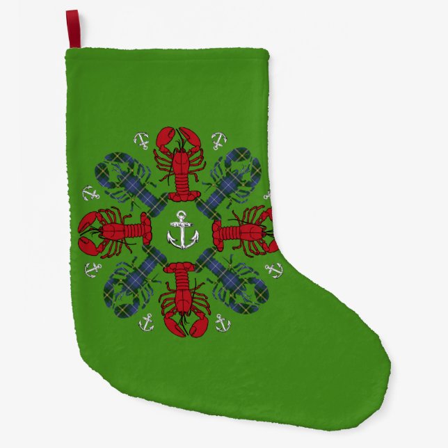Grande Chaussette De Noël Noël stockant le vert nautique de homard mignon (Devant)