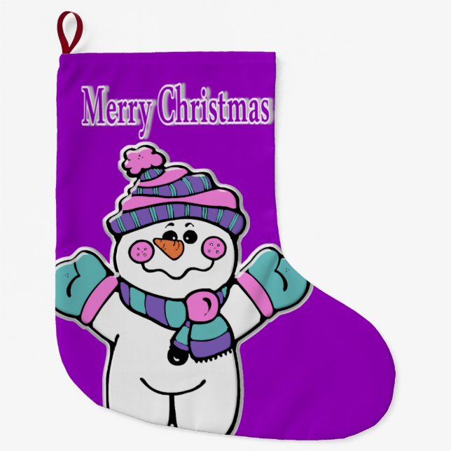 Grande Chaussette De Noël Noël Stocker, Snowman pourpre (Devant)