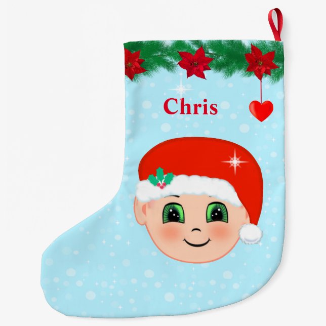 Grande Chaussette De Noël Noël visage bébé, coeurs, poinsettias et pin (Dos)