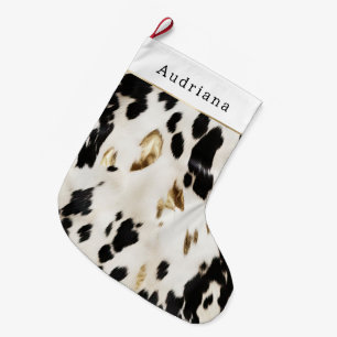 Grande Chaussette De Noël Noir Blanc Or Cuir de Vache Noël