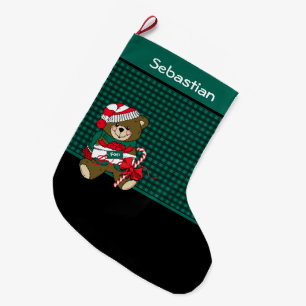 Grande Chaussette De Noël Noir de Noël et vert Plaid Personnalisé