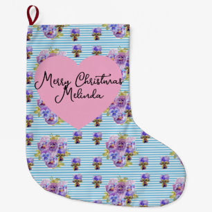 Grande Chaussette De Noël Nom de fille de Noël Shabby Floral Pastel Bleu
