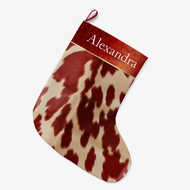 Grande Chaussette De Noël Nom de Noël de la vache rouge crème (Devant (Accrochage))
