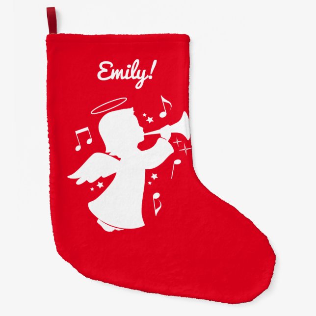 Grande Chaussette De Noël Nom de trompette de l'ange de vacances personnalis (Devant)
