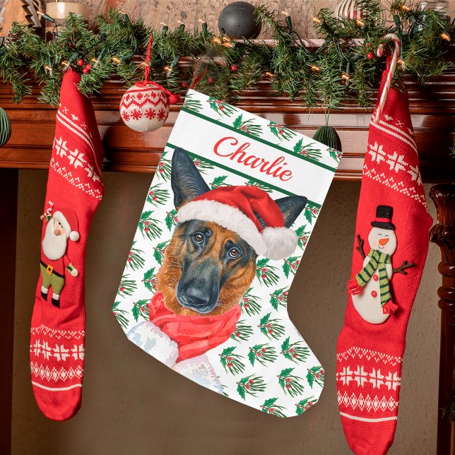Grande Chaussette De Noël Nom du chien berger allemand Aquarelle (Créateur téléchargé)