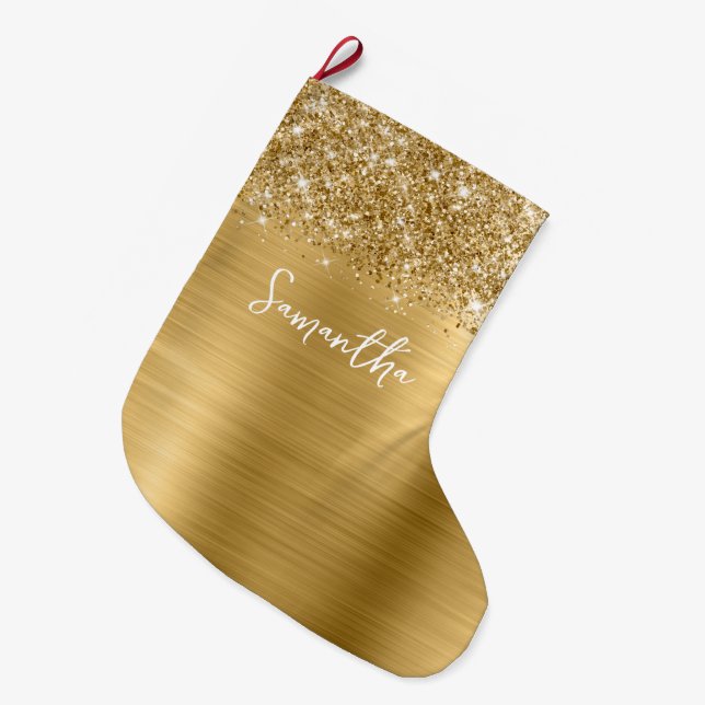 Grande Chaussette De Noël Nom du glamour doré Glittery (Devant (Accrochage))