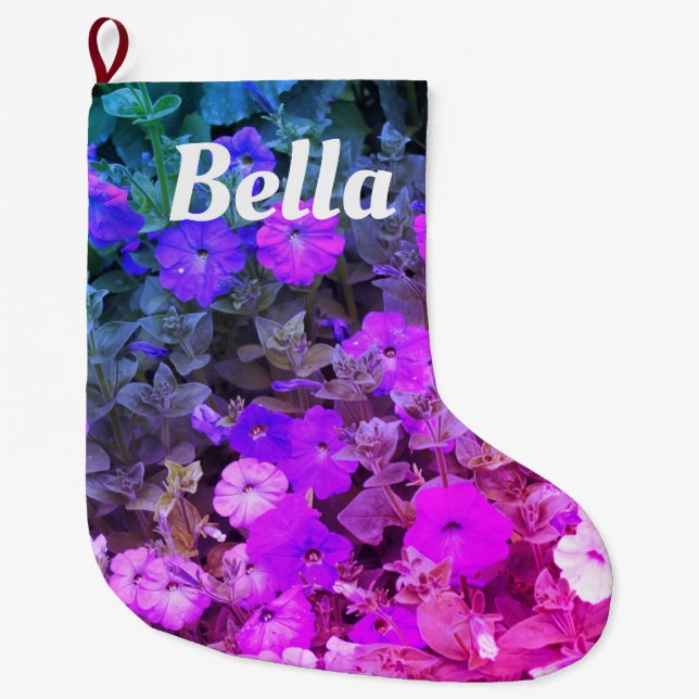 Grande Chaussette De Noël Nom du monogramme Fleurs florales violettes roses (Devant)