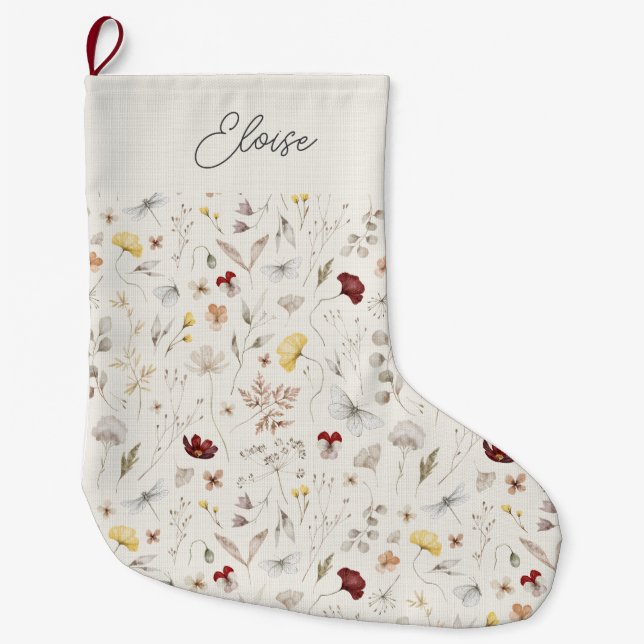 Grande Chaussette De Noël Nom du script Boho Fleur sauvage Noël (Devant)
