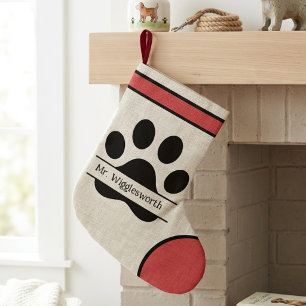 Grande Chaussette De Noël Nom moderne rouge et noir d'empreinte de patte