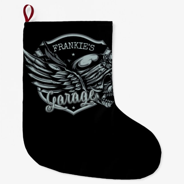 Grande Chaussette De Noël Nom personnalisé Biker Skull Wings Motorcycle Gara (Devant)