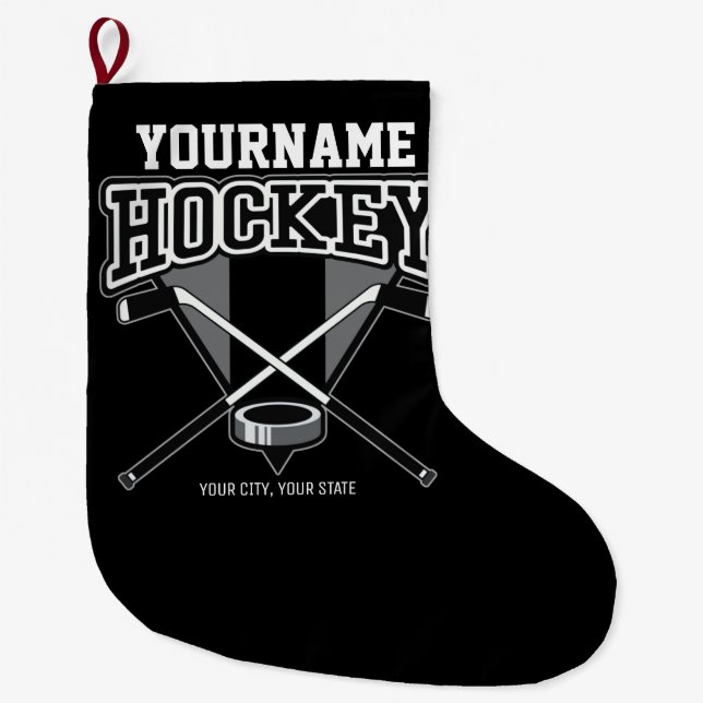 Grande Chaussette De Noël NOM Personnalisé Joueur de hockey Stick Puck Team (Devant)