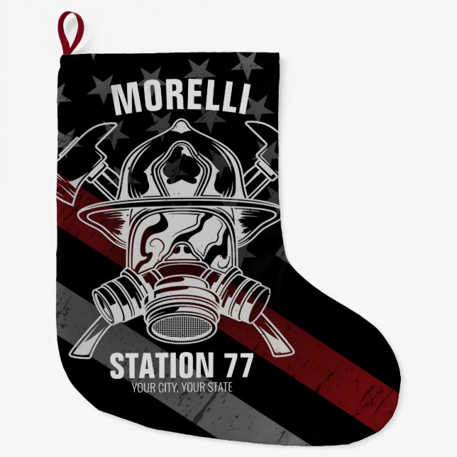 Grande Chaussette De Noël Nom personnalisé Pompier Station du service d'ince (Devant)
