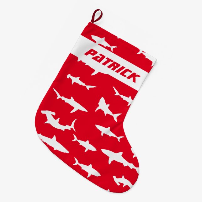 Grande Chaussette De Noël Novelty Shark Lover Red and White Festive (Devant (Accrochage))