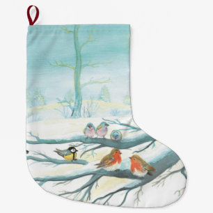 Grande Chaussette De Noël Oiseaux dans la neige blanche hiver