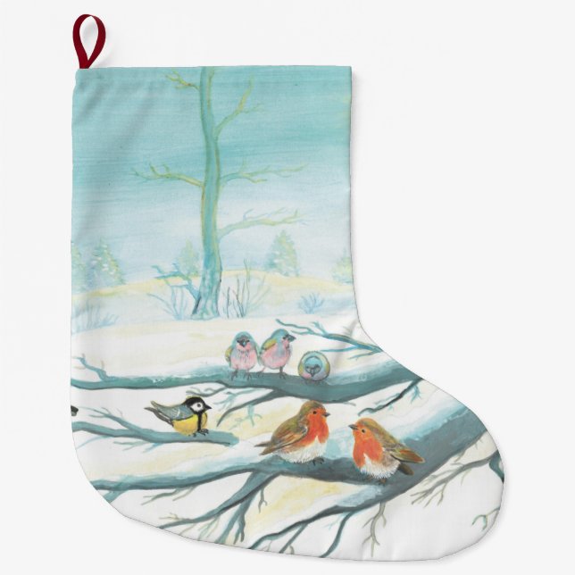 Grande Chaussette De Noël Oiseaux dans la neige blanche hiver (Devant)